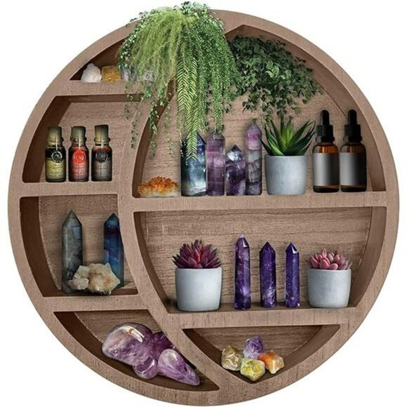 Wooden Moon Wall Shelf Boho Hanging Display Shelf Crystal Storage Decor - Picture 8 of 8